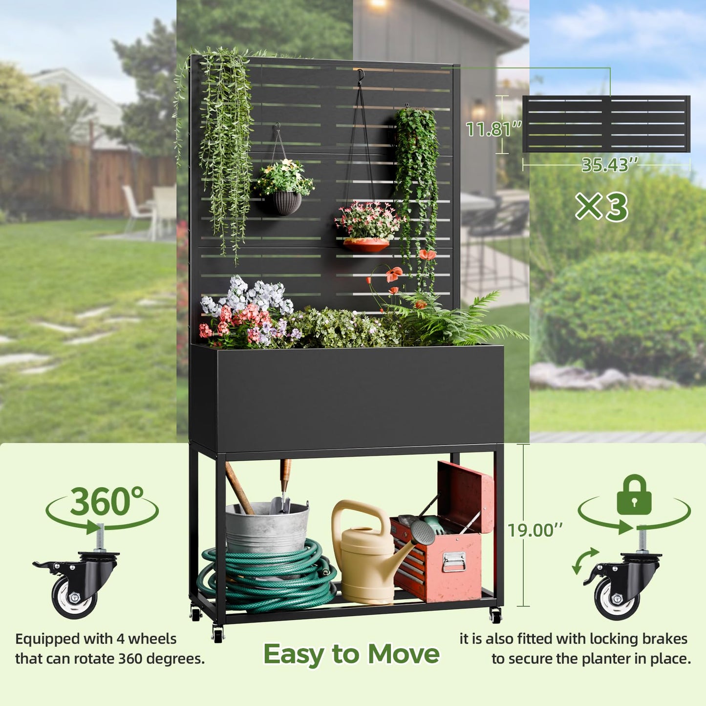 Trygoal Metal Planter Box with Trellis,67" H x35 W Raised Garden Beds with Privacy Screen for Climbing Plants Flower, Elevated Standing Planter Garden Bed with Drainage Holes for Outdoor Patio,Black
