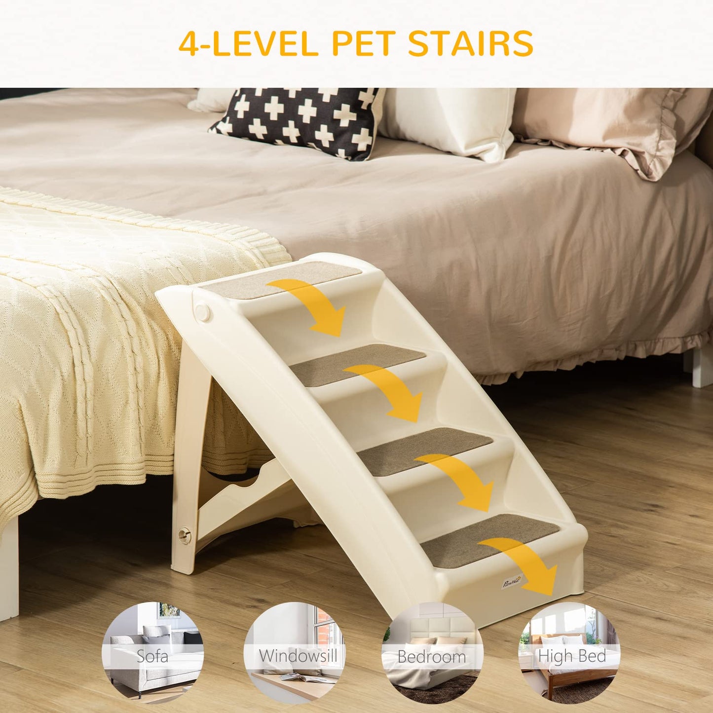 PawHut Four-Step Foldable Pet Stairs w/Non-Slip Mats, for S, XS Dogs - Beige