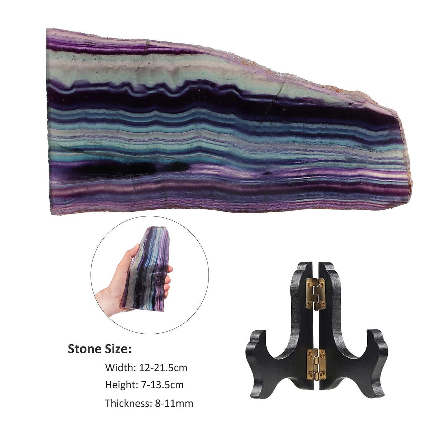 TUMBEELLUWA Irregular Rainbow Fluorite Slab Crystal Stone Collection for Desk Table Decor, Natural Crystal Mineral Specimen with Wooden Display Stand