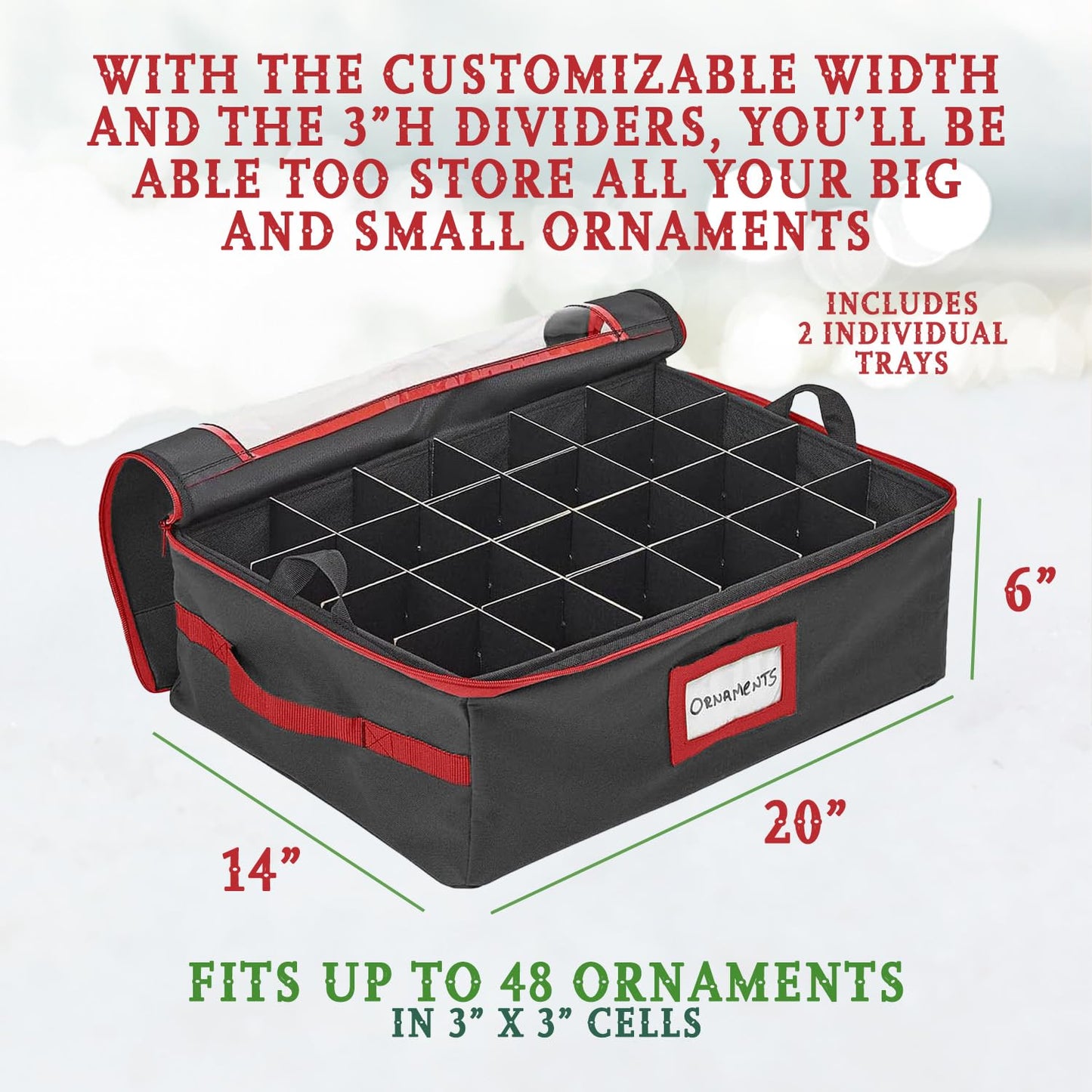 HOLDN’ STORAGE Christmas Ornament Storage Box with Dividers - Fits 48-3” Ornaments, 2 Removable Trays, Durable & Space-Saving, Clear Top Lid, Fits Underbed, Charcoal
