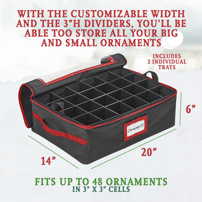 HOLDN’ STORAGE Christmas Ornament Storage Box with Dividers - Fits 48-3” Ornaments, 2 Removable Trays, Durable & Space-Saving, Clear Top Lid, Fits Underbed, Charcoal