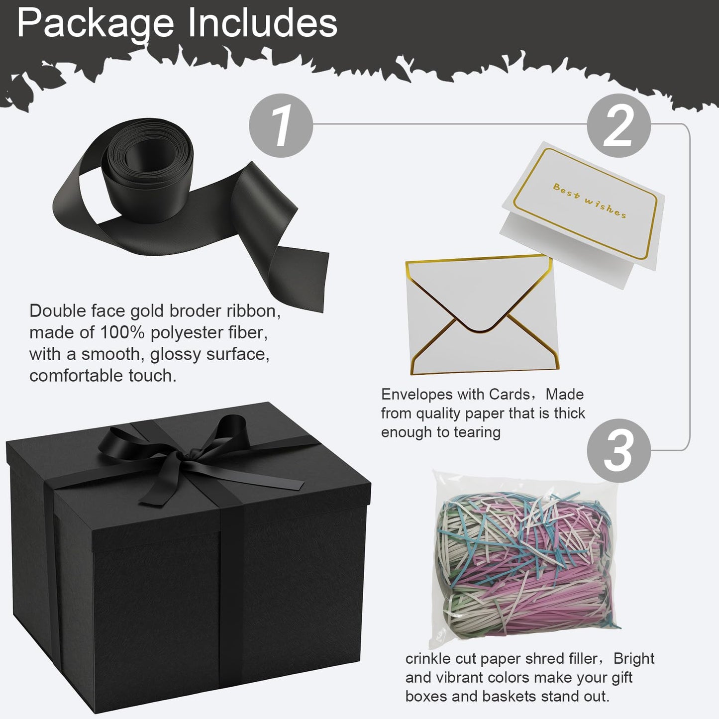 Rinrda Extra Large Gift Box,15x12x10 Inches Black Gift Boxes with Lids for Presents,10-inch Deep Box for Birthday Valentine's Day Graduation Anniversary.Contains Card Ribbon Shredded paper