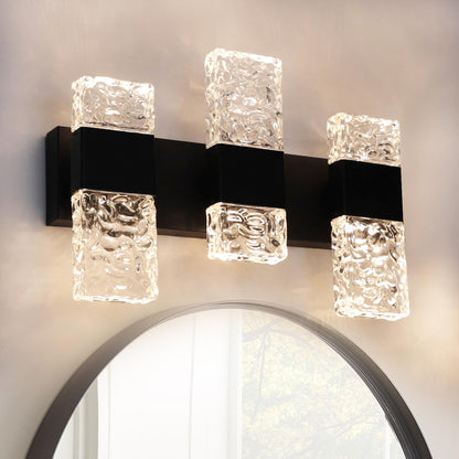 VINLUZ 3 Light Modern Bathroom Lighting Fixture Over Mirror in Matte Black Finish,3000K Dimmable Crystal Wall sconces LED Hardwired Vanity Light for Hallway Gallery