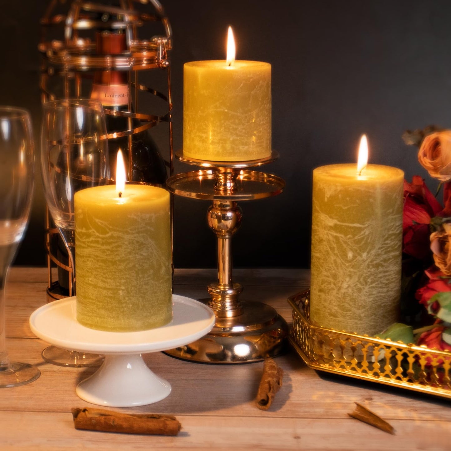 KONNI Wax Yellow Pillar Candles Set of 3, 3"x 4" Unscented Pillar Candles Bulk, 39 Hours Long Burning Candles, Smokeless&Dripless Large Round Candle for Wedding, Home Decoration, Parties, Spas, Dinner