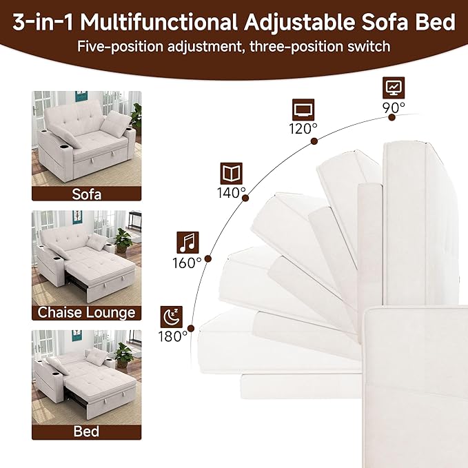 Loveseat Sofa Bed, 3-in-1 Convertible Sleeper Sofa, Chenille Fabric Pull Out