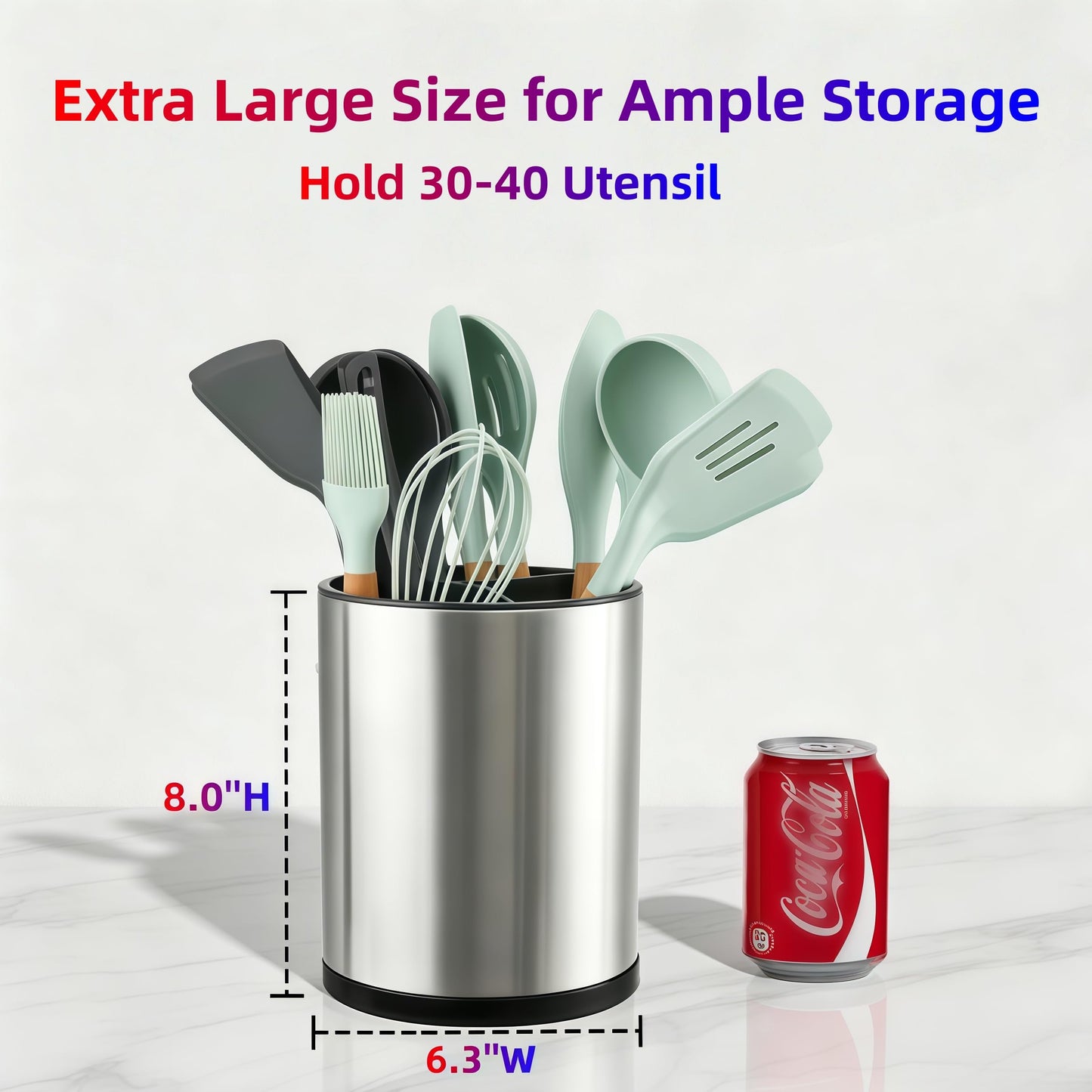 LIBODOUR Kitchen Utensil Holder Extra Large 360°Rotating For Counter Organizer Stainless Steel Storage Cooking Silverware Caddy 3 Compartment Flatware Spoon Spatula Tool Cutlery Container（Silvery）