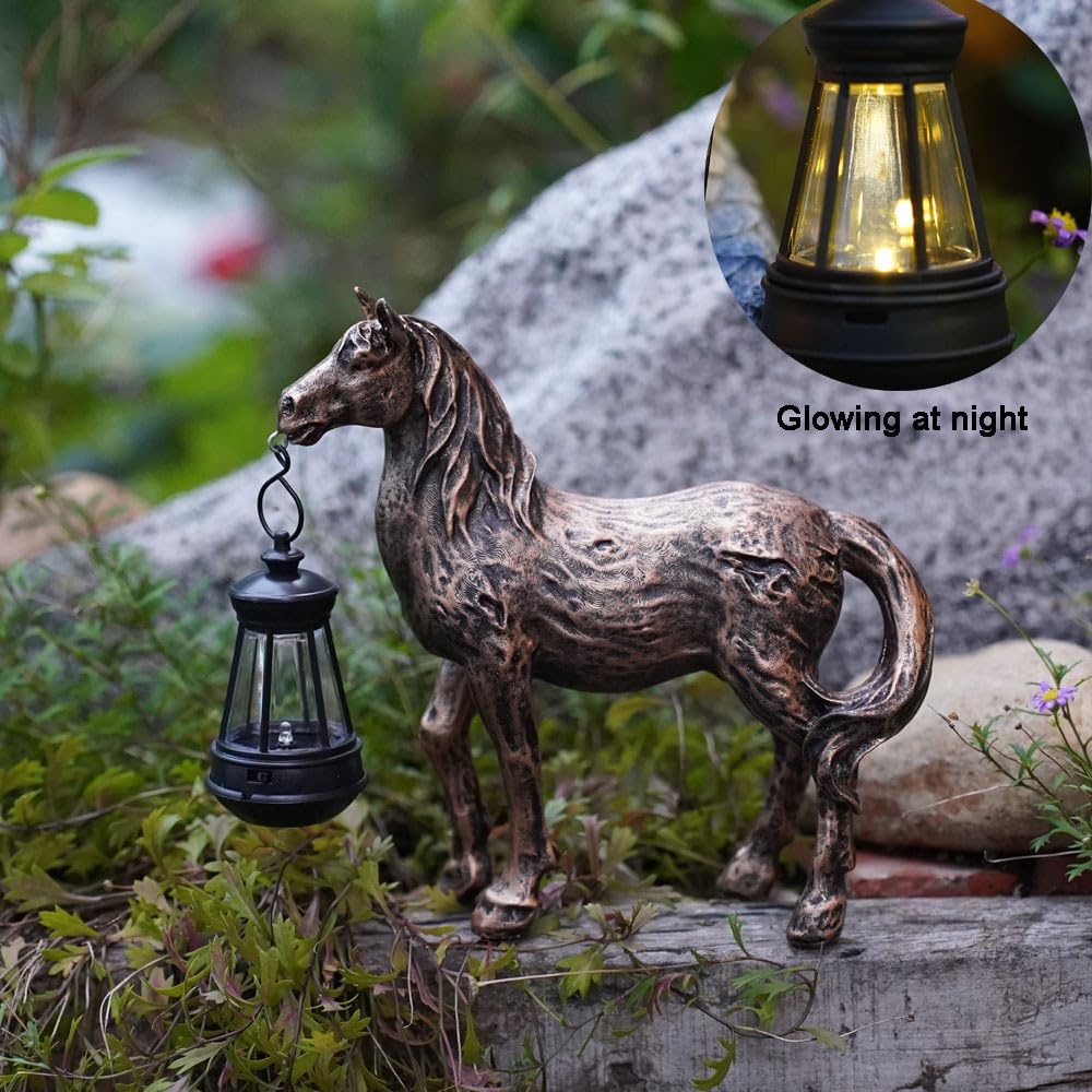 Fibroxify Solar Garden Horse Figurine with Lantern - Outdoor Farmhouse Statue, Whimsical Decor for Indoor Home - Housewarming Gift for Mom Grandma (Bronze)