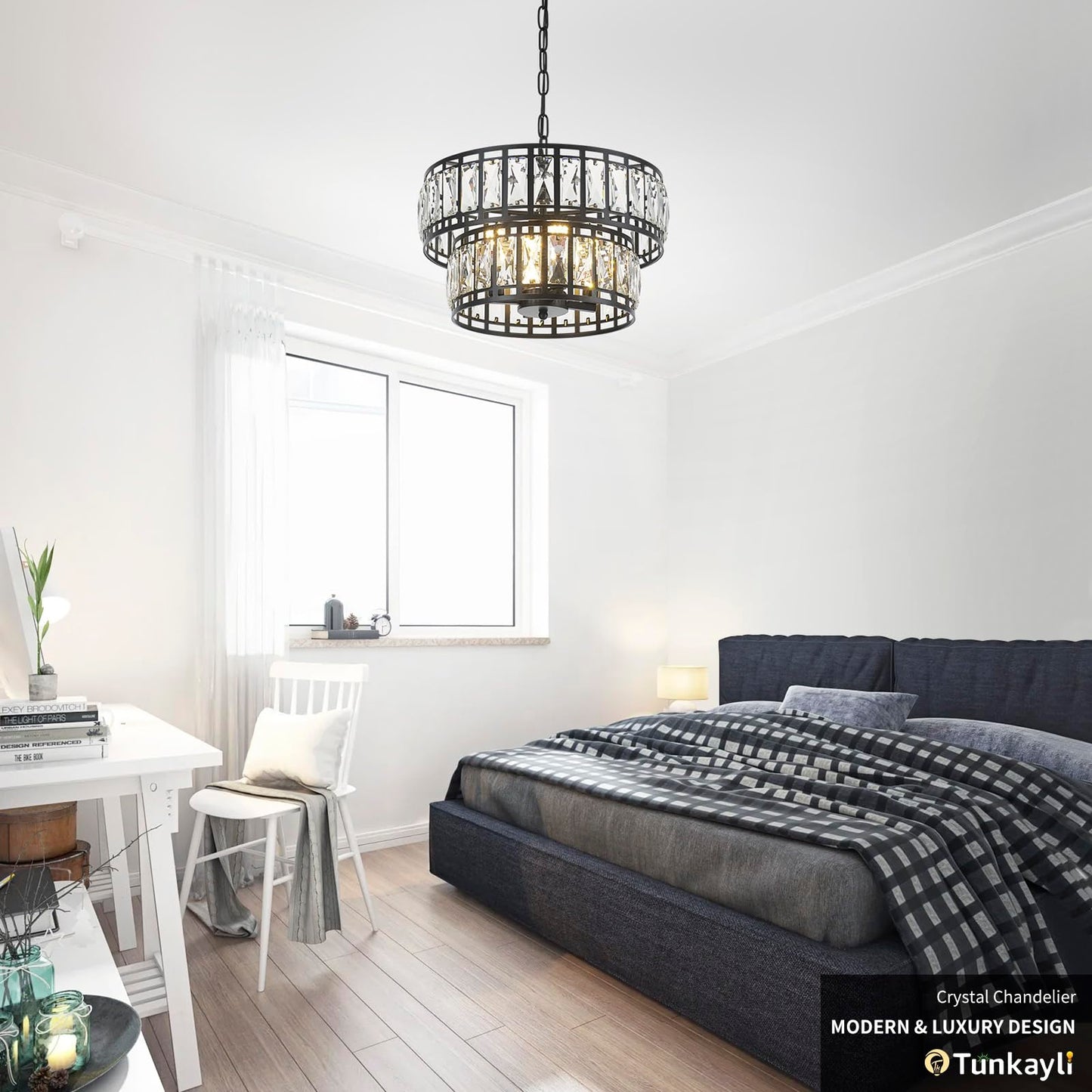 Tunkayli 15.7" Chandeliers for Dining Room, Modern Black K9 Luxury Crystal Chandelier, 4-Light 2-Tier Drum Farmhouse Lighting Fixture for Kitchen Island Living Room Entryway Bedroom Foyer