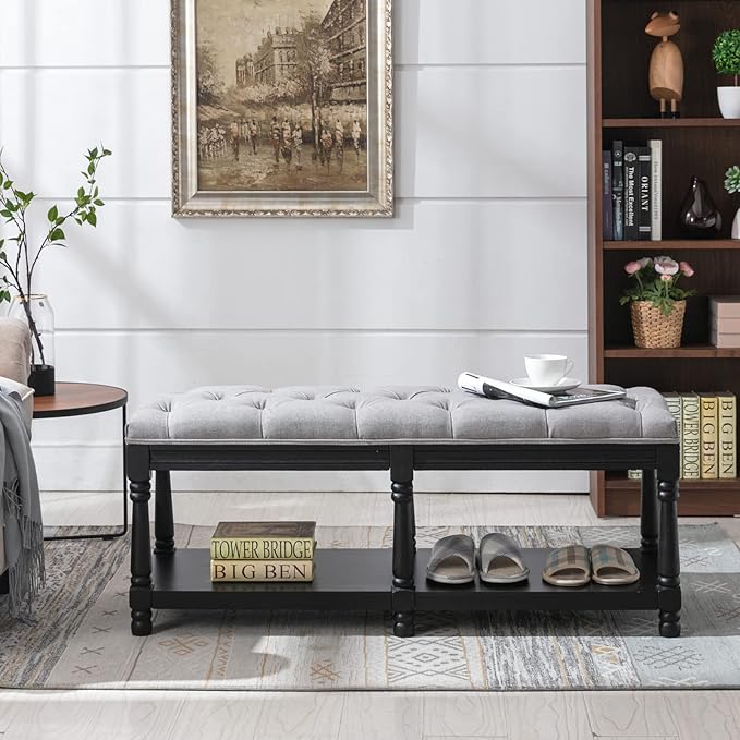 Farmhouse Storage Bench Wooden Entryway Linen Upholstered Ottoman Button Tufted