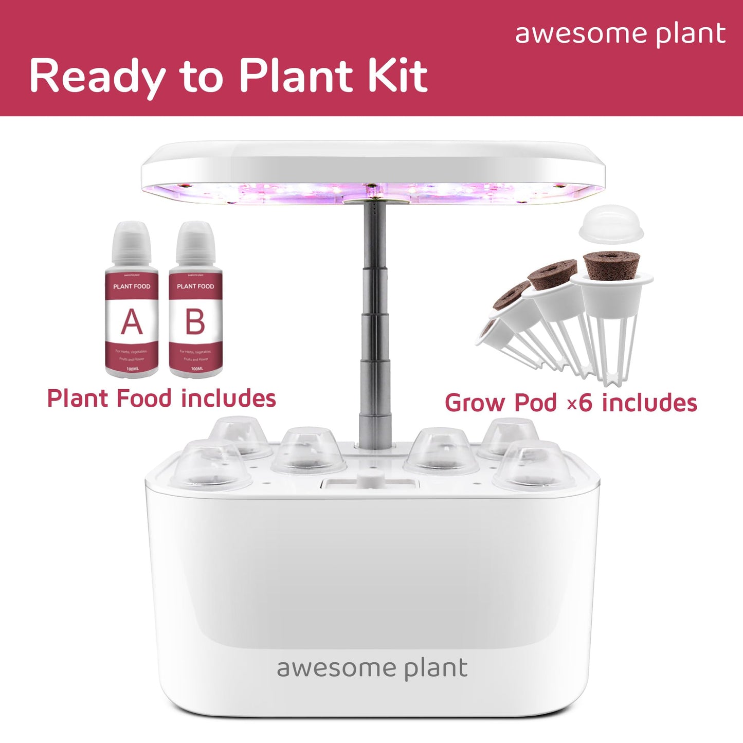 Awesome Plant 6Pro Hydroponics Growing System Kit (6 Pods), Indoor Garden Kit with 3L Watertank, 3 Grow Modes and Quiet Pump, Grow Herbs Lettuce Salad at Home Kit, Adjustable Height Up to 13", White