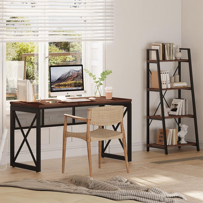 BON AUGURE Farmhouse Computer Desk, Modern Industrial Home Office Desks, Wood Metal Study Writing Table, Sturdy Gaming Desk (Rustic Oak, 54 Inch)