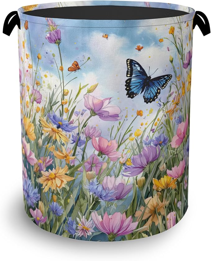Wildflowers Butterfly Laundry Basket, Floral Garden Oxford Cloth Laundry Hamper