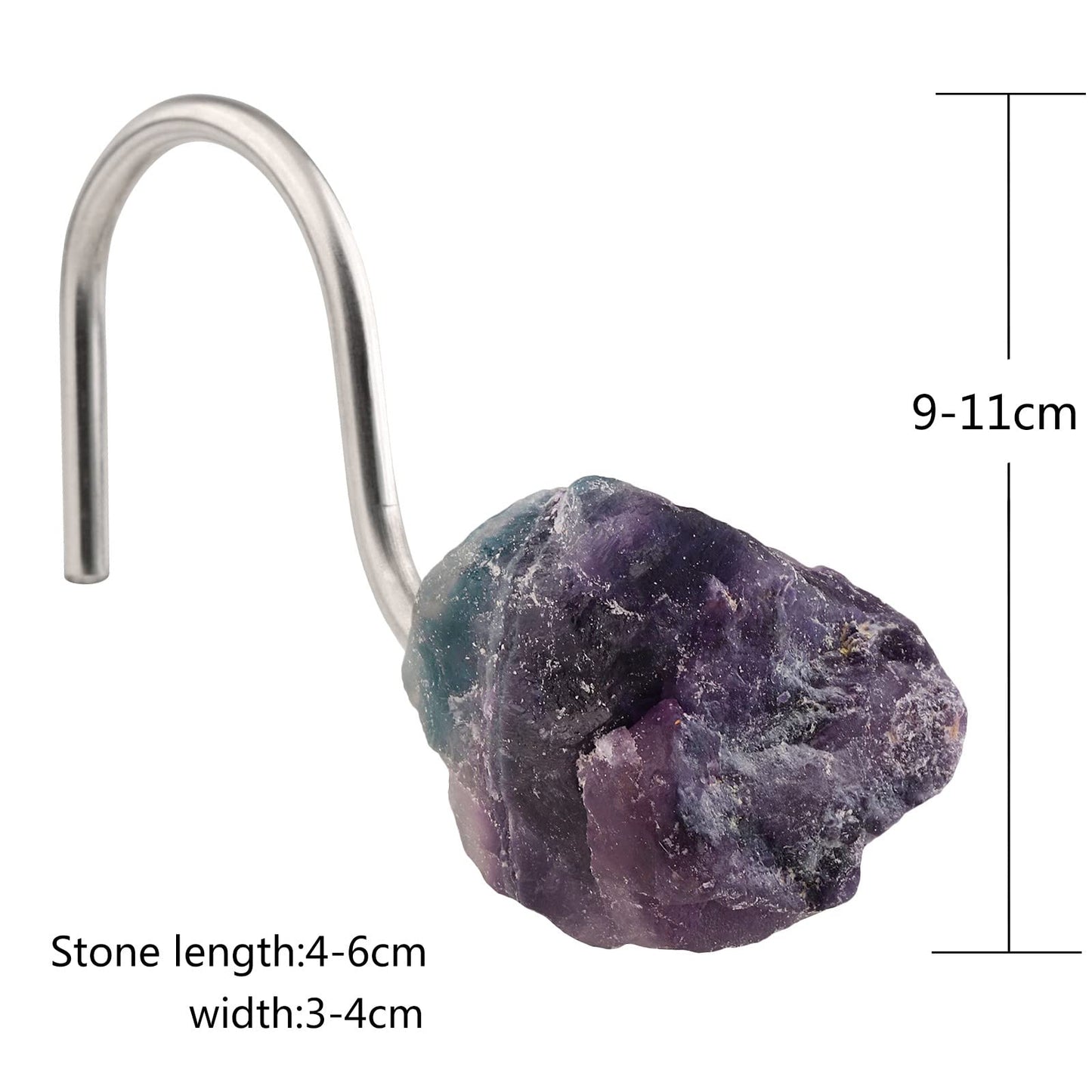 mookaitedecor Set of 4 Natural Fluorite Crystal Shower Curtain Hooks, Decorative Raw Crystals Stainless Steel Curtain Rings for Bathroom Home Decor
