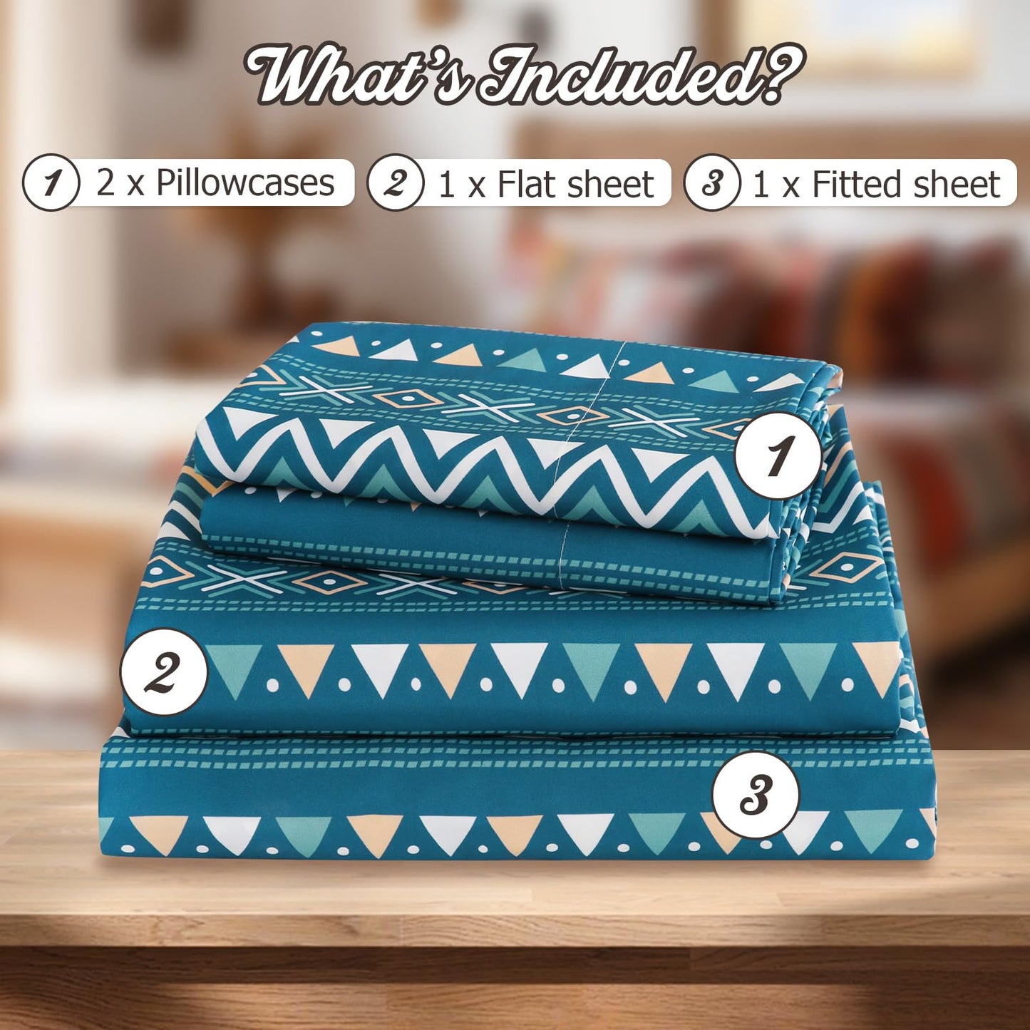 CozySmile Boho Sheet 4 Pieces Queen Sheet Set Bohemian,Queen Size Breathable Soft Microfiber Deep Pocket Bedding Sheet, Western Sheets Geometric(King, Teal Geometric)