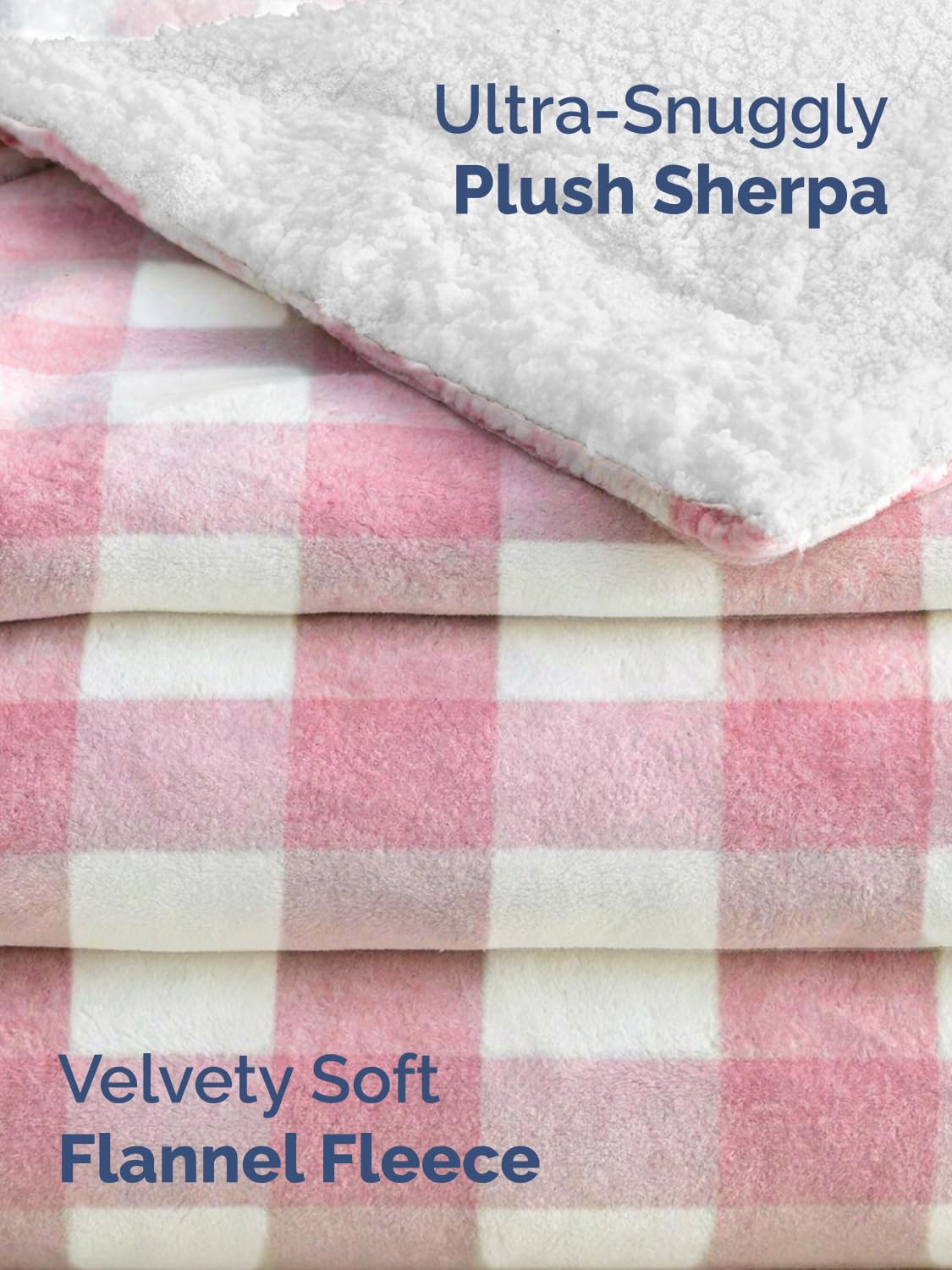 Sherpa Fleece Blanket Throw Size - Reversible Sherpa Fleece Throw Blanket - Super Soft Double Sided for Bed, Sofa, Couch - Thick, Warm, Plush - Luxurious Bedding for Winter - Pink Checkered, 50" x 60"