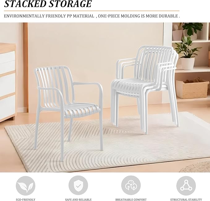 Patio Dining Chairs Set of 4, All-Weather Outdoor and Indoor Stackable Chairs with Curved Back, Waterproof for Patio, Deck, Porch, Backyard, Restaurant & Cafe Use, White
