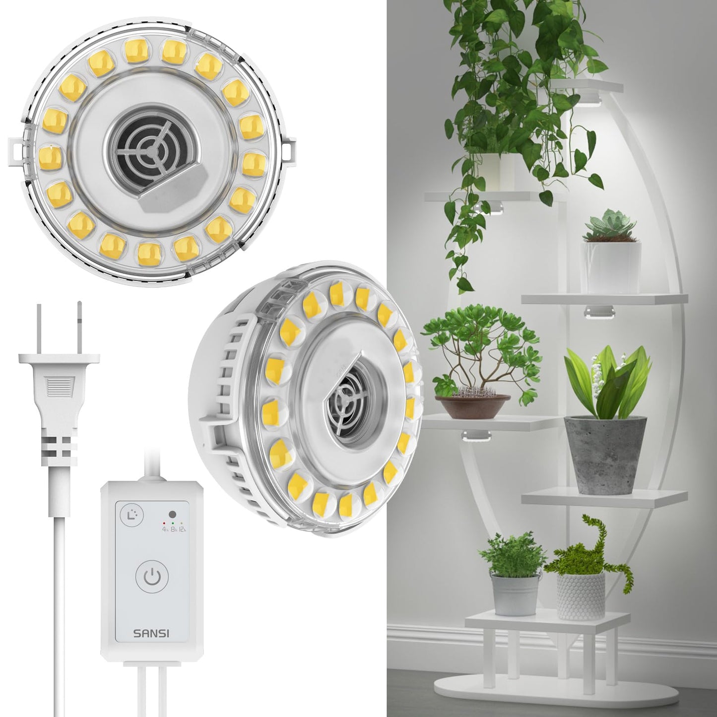 SANSI Grow Light 10W Clip-on LED Plant Lamp with 4-Level Dimmer, Auto On/Off Timer+Puck Grow Light, LED Plant Light for Indoor Plants Full Spectrum 10W Small