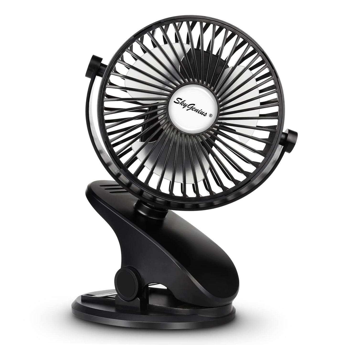 SkyGenius Battery Operated Stroller Fan, Rechargeable USB Powered Mini Clip on Desk Fan