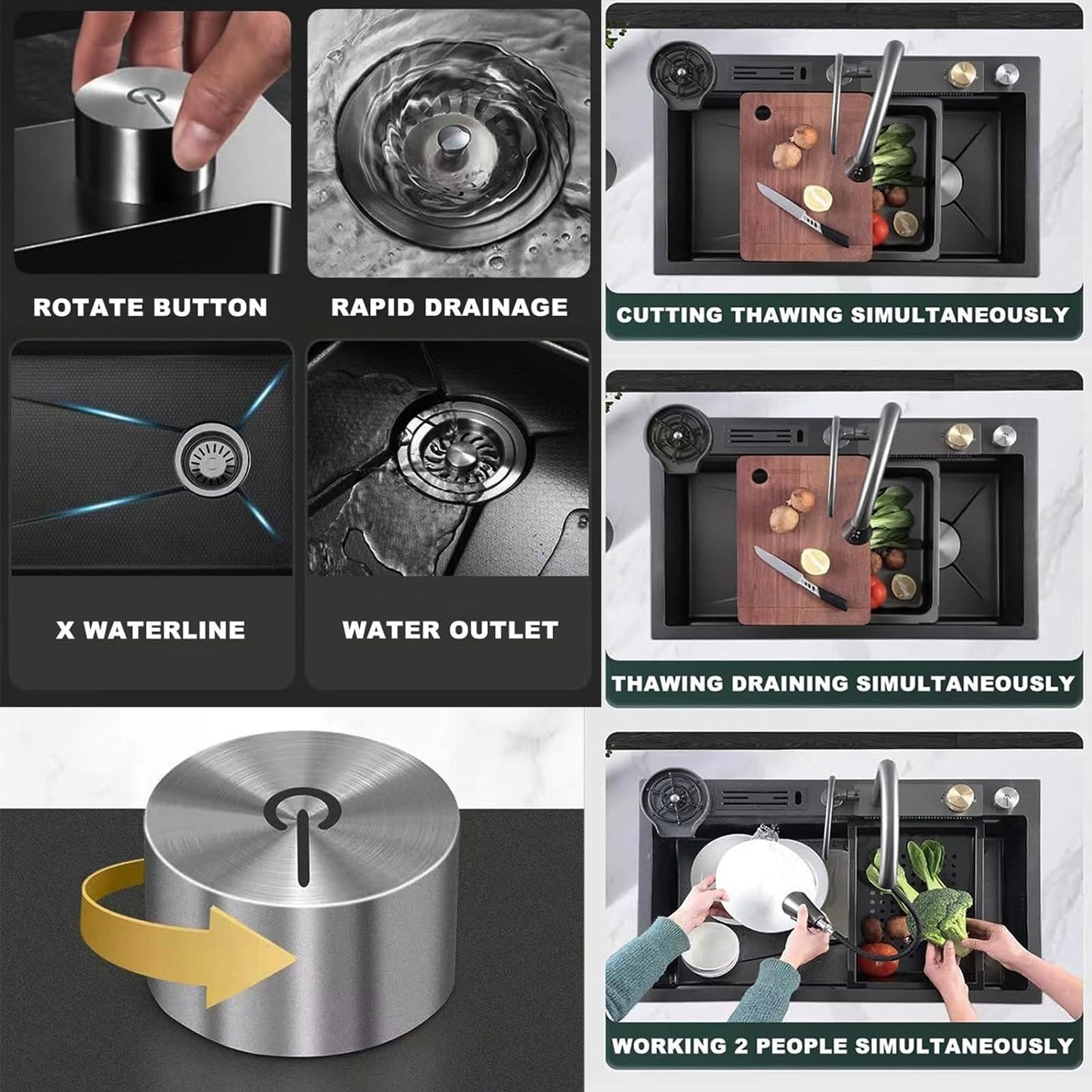 31.5x17.7 Inch Waterfall Kitchen Sink, Black Single Bowl Sinks Pull Down Sprayhead Faucet Kitchen Sink with Cup Washer
