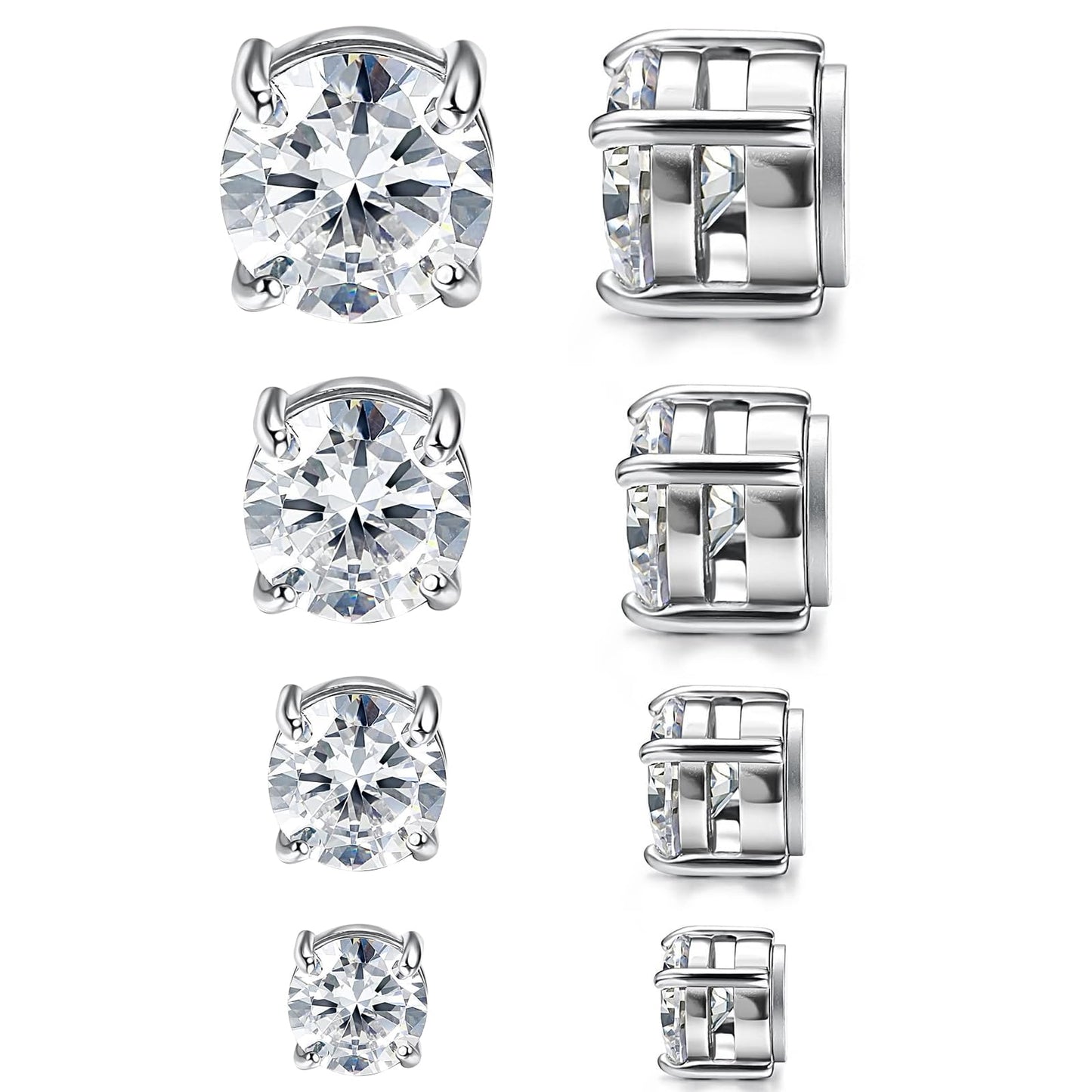 Magnetic Non-piercing Clip On Earrings: Stainless Steel 5-8mm CZ Inlay Round Fake Cheater Studs for Men Women, 4 Pairs Silver