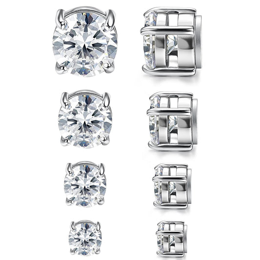 Magnetic Non-piercing Clip On Earrings: Stainless Steel 5-8mm CZ Inlay Round Fake Cheater Studs for Men Women, 4 Pairs Silver