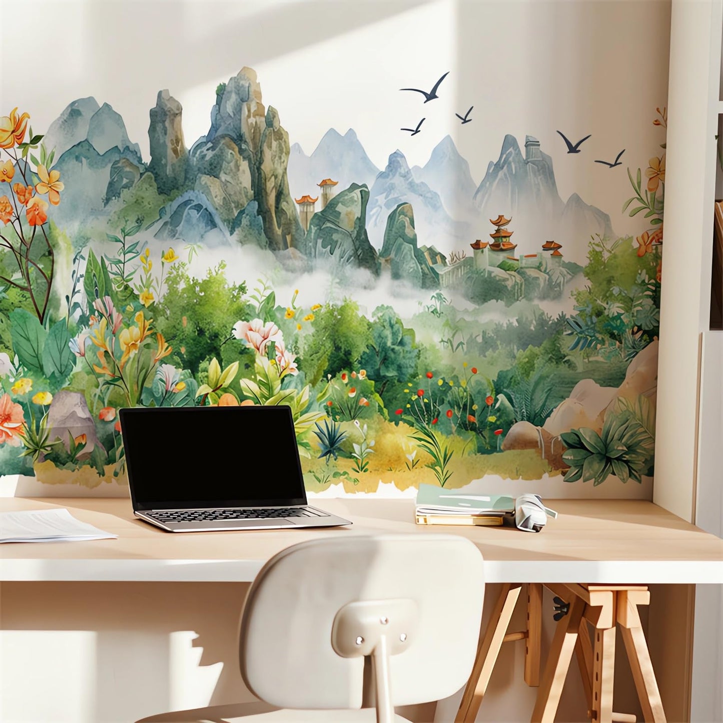 Chinese Style Landscape Painting Circulation Collage Wall Stickers, sacinora Landscapes Flower River Bird Wall Decal Removable Vinyl Peel and Stick for Living Room Tea Room Background Home Decoration