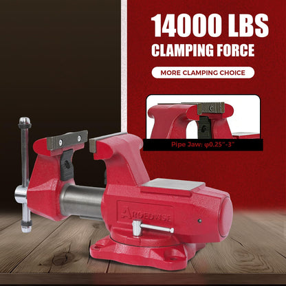 AROEDVISE 6" Bench Vise with 360° Swivel Base, 7" Jaw Opening, Heavy Duty Ductile Iron Workshop Vise with Anvil & Pipe Jaws, 72,000 PSI Clamping Tool for Garage, Metalworking & Repair (RDIV6)