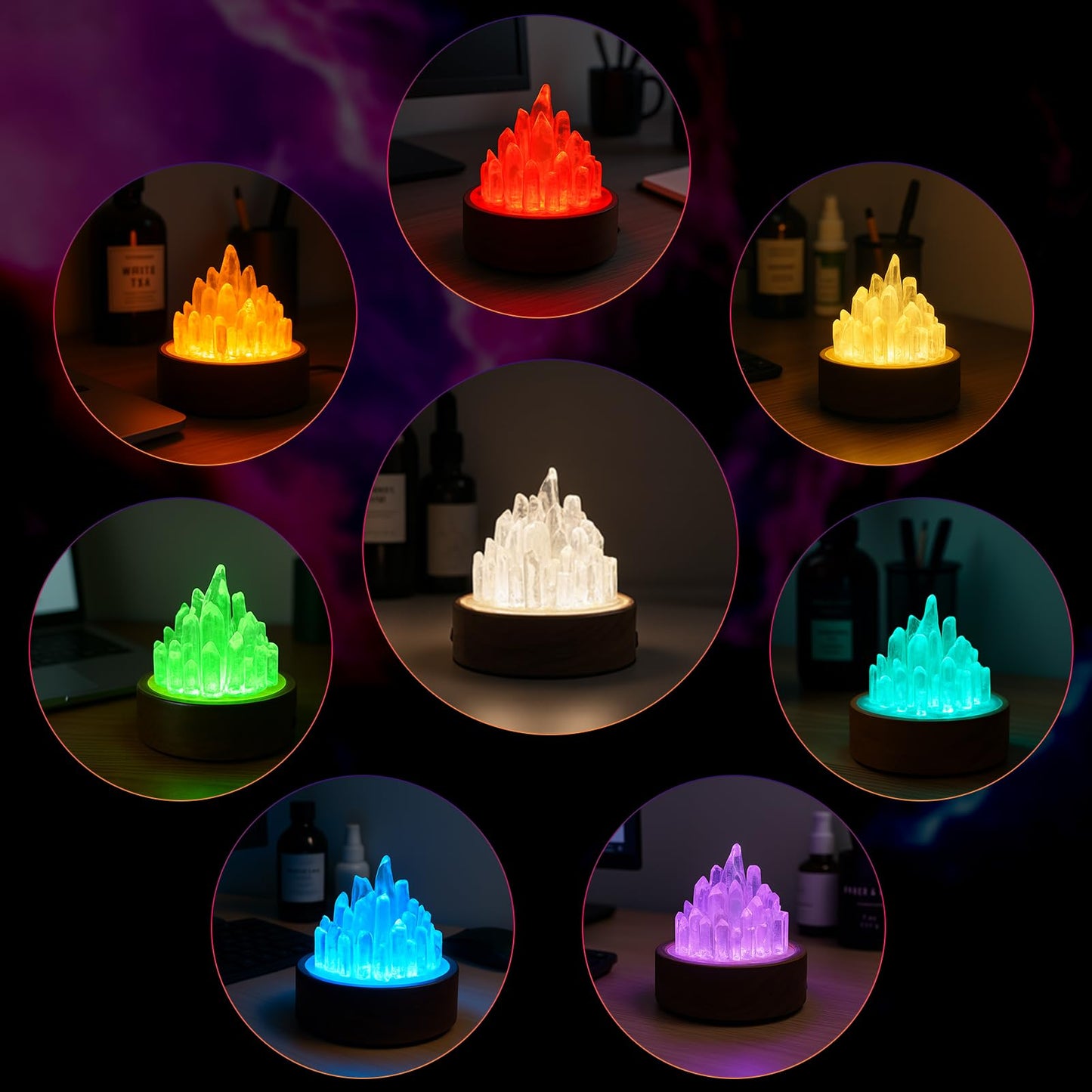 Healing Crystals Lamp with Wooden Light Base, Clear Quartz Night Lamp, Natural Healing Crystal Atmosphere Lamp, 8 Colours Dimming Mode Bedroom Lamp Suitable Night Light for Office Home Christmas Decor