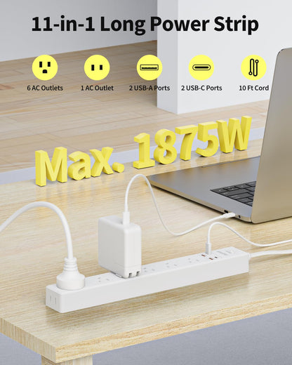 2 Pack Power Strip Surge Protector - 7 Outlets 4 USB Ports (2 USB C), 6 Ft Ultra Thin Flat Plug Extension Cord, 1875W/15A, 1700 Joules, Wall Mount for Home Office Dorm, White