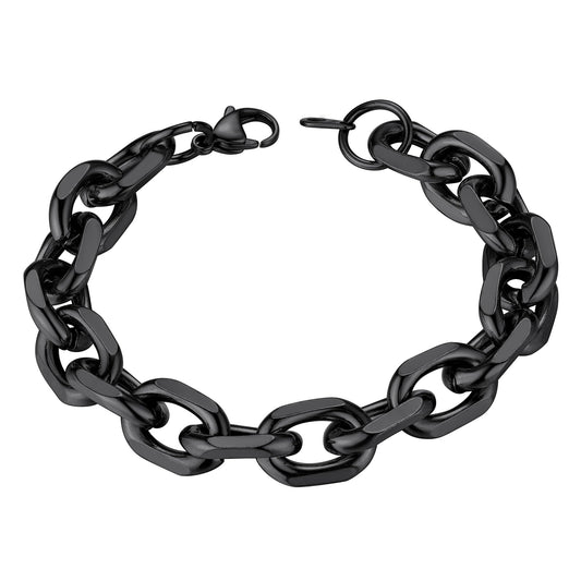 ChainsHouse Black Stainless Steel Rolo Link Bracelet for Women Men 12mm Wide Bracelet Fashion Jewelry 8.3 inch