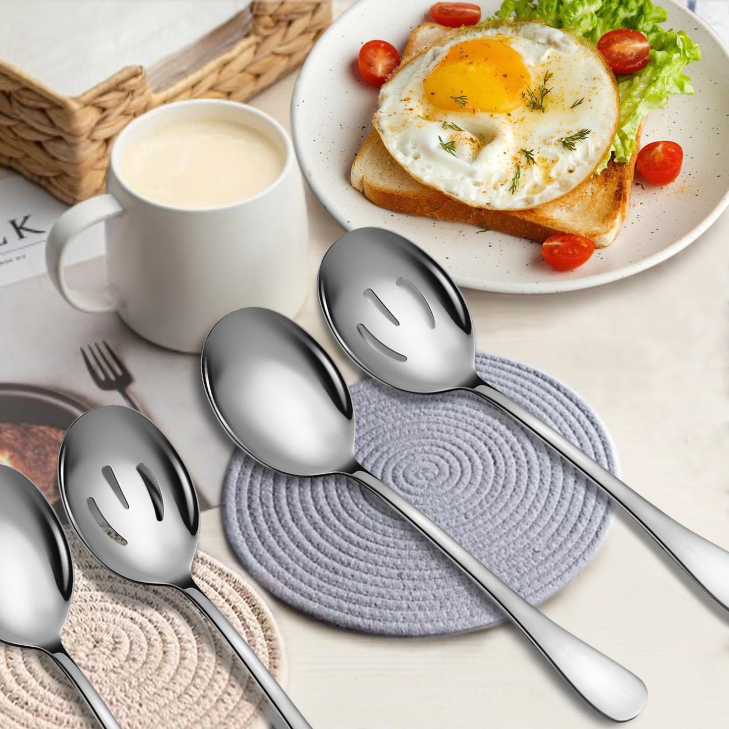 Keyoxy Stainless Steel Serving Spoons Set, 6pc, 10-Inch, Includes 3 Large, 3 Slotted, for Parties/Kitchen/Buffet/Catering, Dishwasher Safe