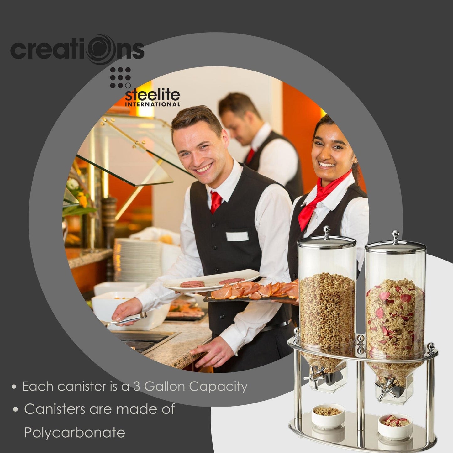 Steelite Creations Cereal Dispenser, Double Canister, Stainless Steel, Commercial Restaurants Buffet Use, Food Storage and Dispensing Container, Dispensing Dry Foods Cereal, Candy, Snacks, (2) 3 Gal