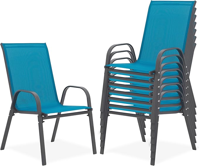 Outdoor Stackable Chairs Set of 8, Stacking Patio Chairs with Textilene Fabric, Outside Furniture for Garden Backyard Balconie Poolside Deck, Blue