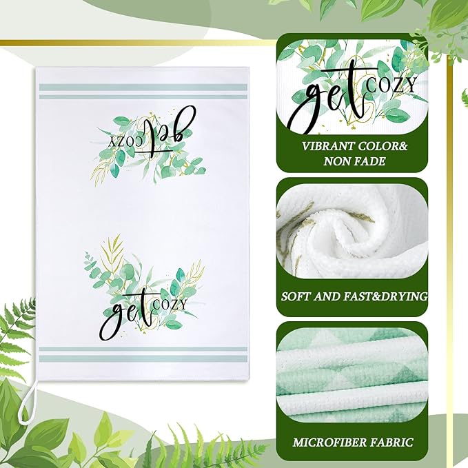 Set of 6 Eucalyptus Kitchen Towels Green Leaves Dishtowels Absorbent Spring