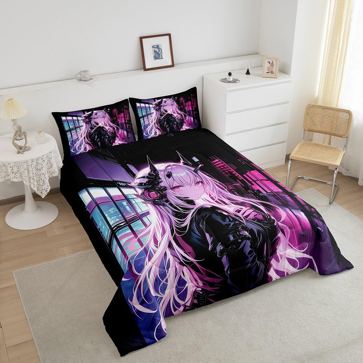 Erosebridal Japanese Anime Bedding Set Twin Size, Anime Girl Comforter Set Kawaii Japanese Style Duvet Insert Cartoon Japan Animation Quilt for Boys Teens Adult Women Bedroom Decor
