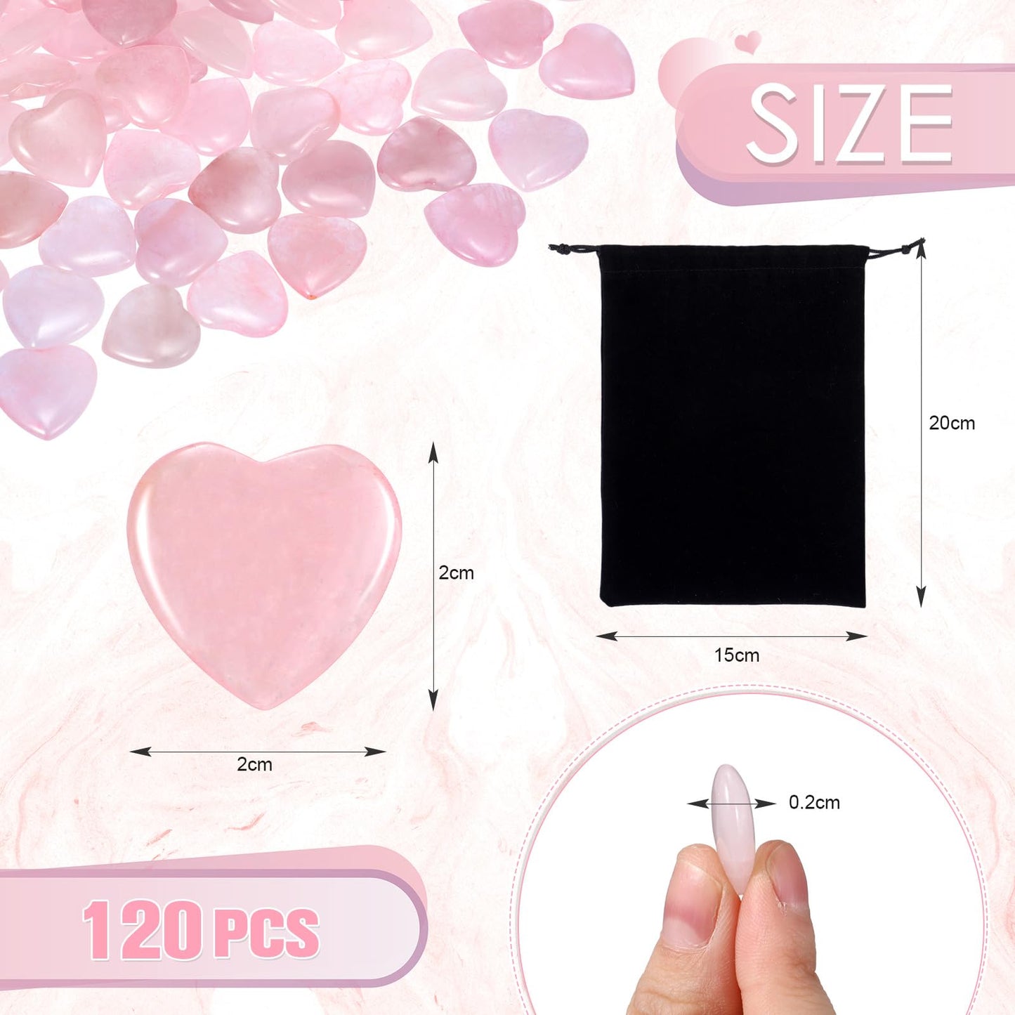 Ecation 120 Pcs Heart Quartz Bulk Crystals Stone Bulk Natural Polished Stone Heart Love Carved Healing Worry Crystal with Flannel Bag for Women Gifts(Rose Quartz)