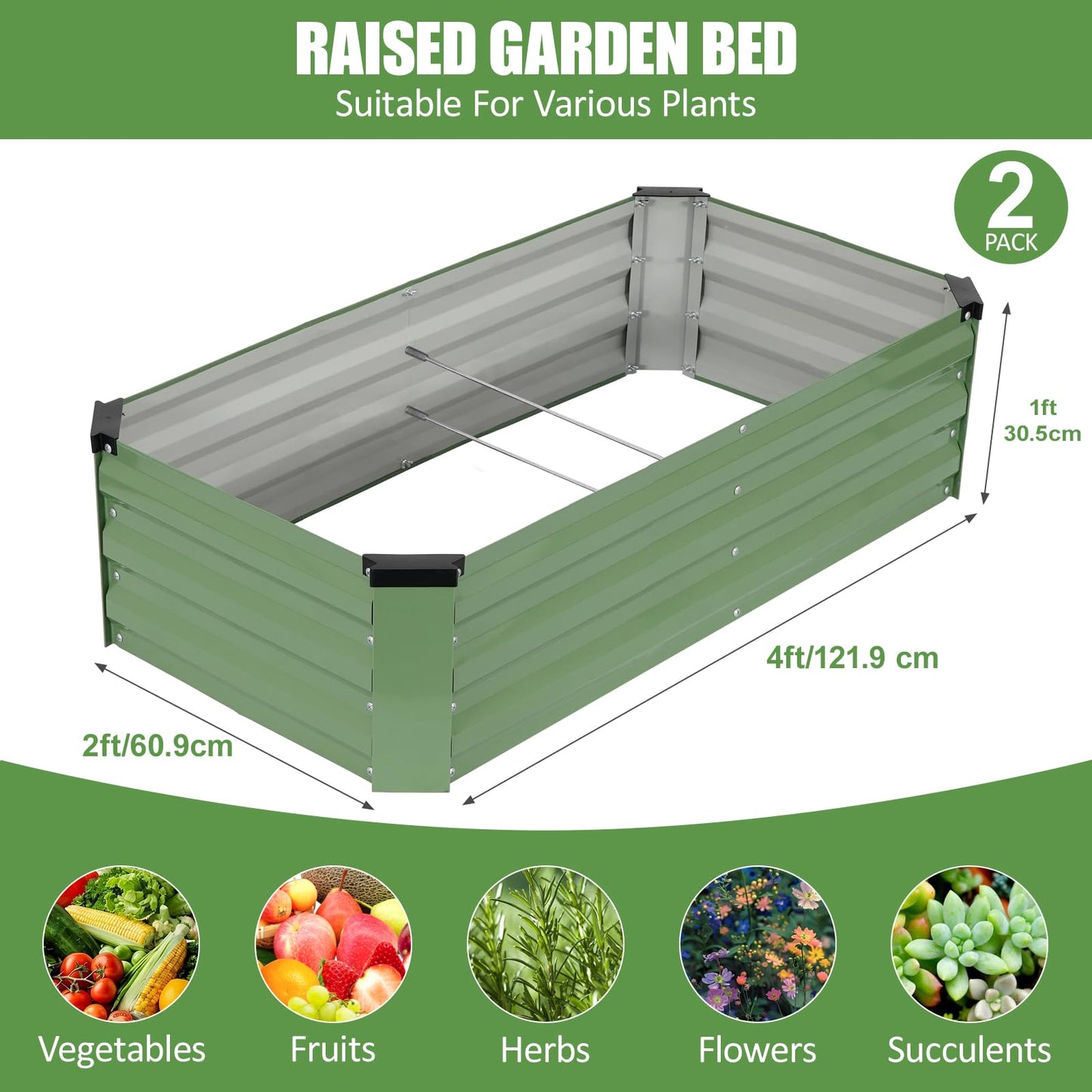 Galvanized Raised Garden Bed Outdoor | Metal Raised Garden Bed for Gardening 2Pack | Large Planter Box for Vegetables Flowers Fruits | Easy Assembly & Safety Design Flower Beds 4x2x1ft Olive Green