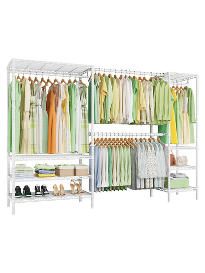 Ulif E11 Heavy-Duty Garment Rack, Metal Freestanding Clothes Rack and Closet Storage Organizer with 8 Shelves and 4 Hanger Rods, (73.2-97.6)" W x 14.5" D x 71.2" H, Load 1034 LBS, White
