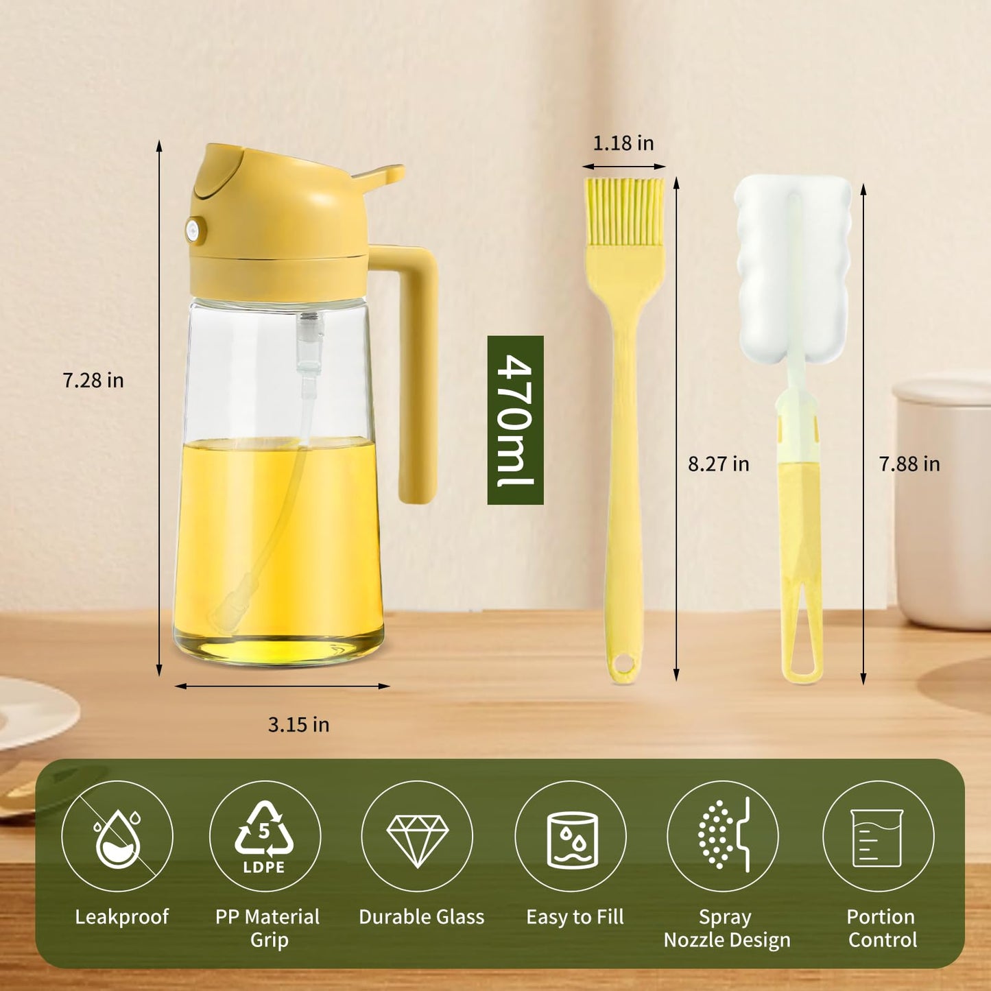 Oil Dispenser for Kitchen, 2 in 1 Olive Oil Sprayer, Olive Oil Dispenser Spray Bottle with Brush, Oil Sprayer for Cooking for Air Fryer, Barbecue, Salad 16oz/470ml (Black)