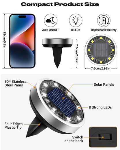 btfarm Solar Lights Outdoor Garden, 10 Pack Solar Ground Lights, 8 LED Solar Disk Lights Outdoor IP65 Waterproof for Garden Pathway Lawn Patio Yard Landscape (Cool White)