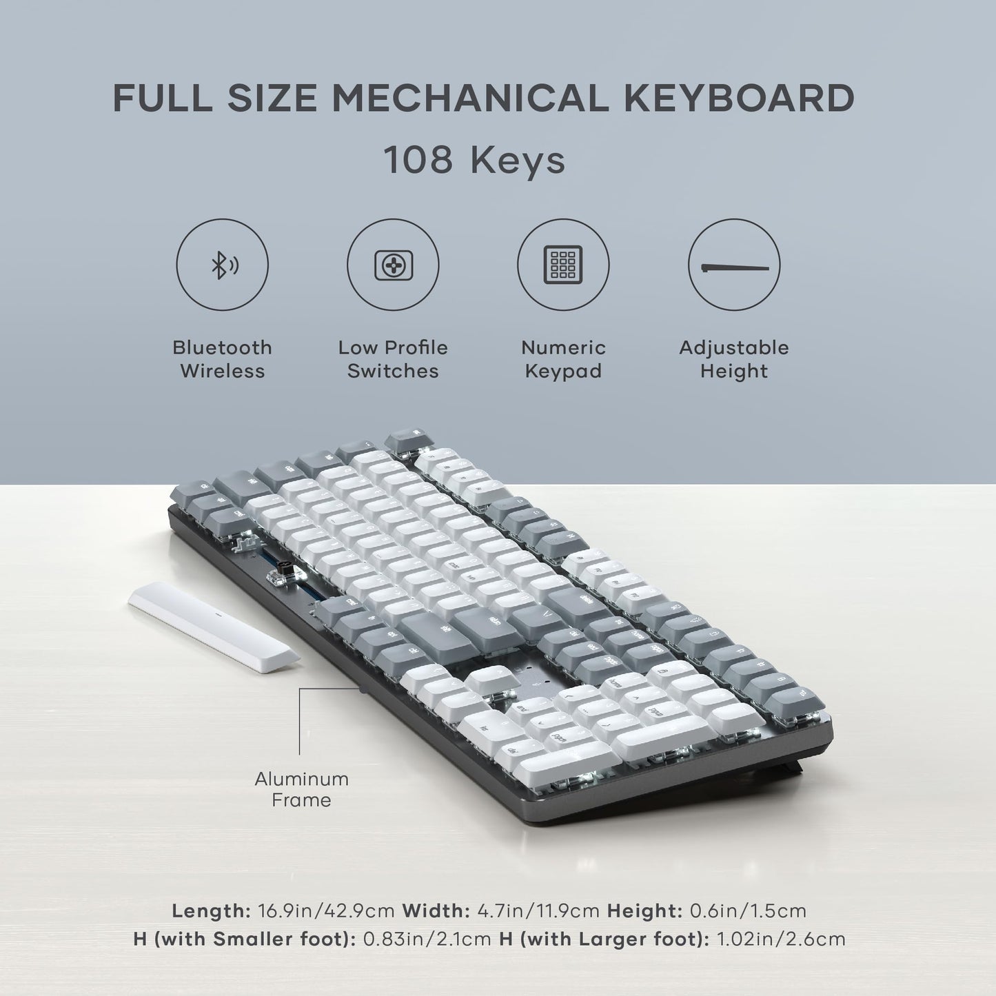 Satechi SM3 Mechanical Keyboard for Mac and Windows, 108 Keys Full Size with White LED Backlit, Wired and Bluetooth for Mac and Windows - Dark Gray/Gray