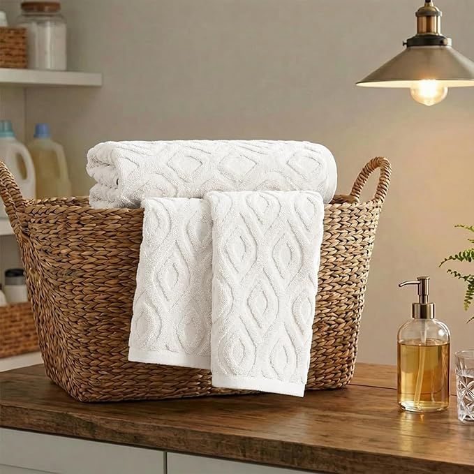 Artoid Mode 2 Pcs White 3D Diamond Grid Jacquard Hand Towels