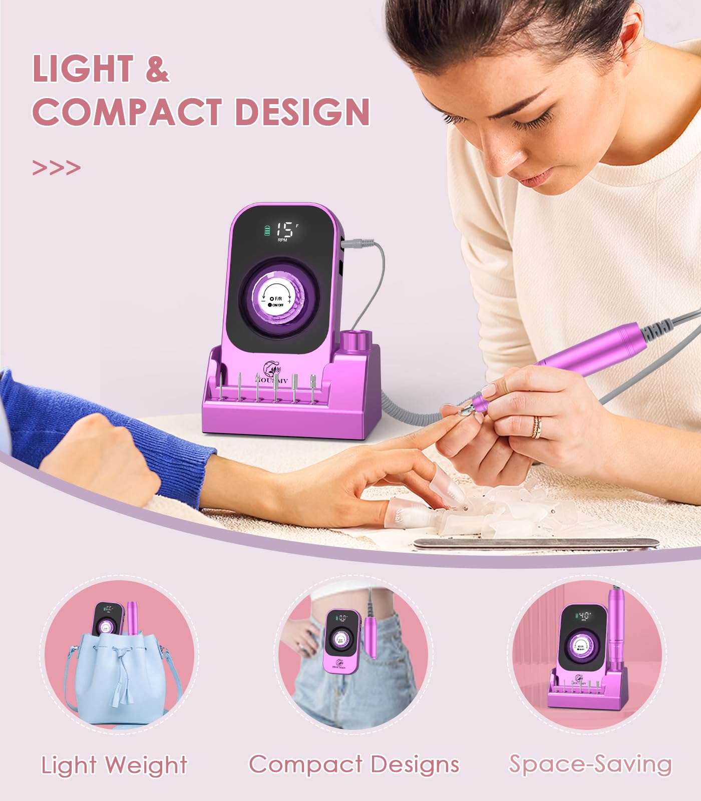 Portable Nail Drill Electric File: 40000RPM Professional Rechargeable Nail E-File Machine, Cordless Nail Drill with Bits & Base for Acrylic Nails Remove Nail Gel Polish Manicure for Salon Home, White