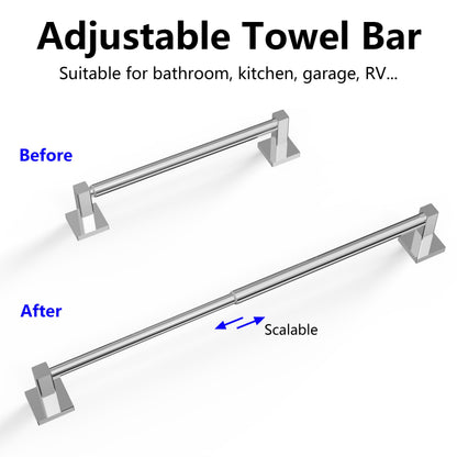 MIROAMZ Towel Bar, Adjustable 12.7inch to 23.2inch Wall Mounted Towel Rack for Bathroom, Kitchen, SUS 304 Stainless Steel Towel Rod with Square Base (Chrome)
