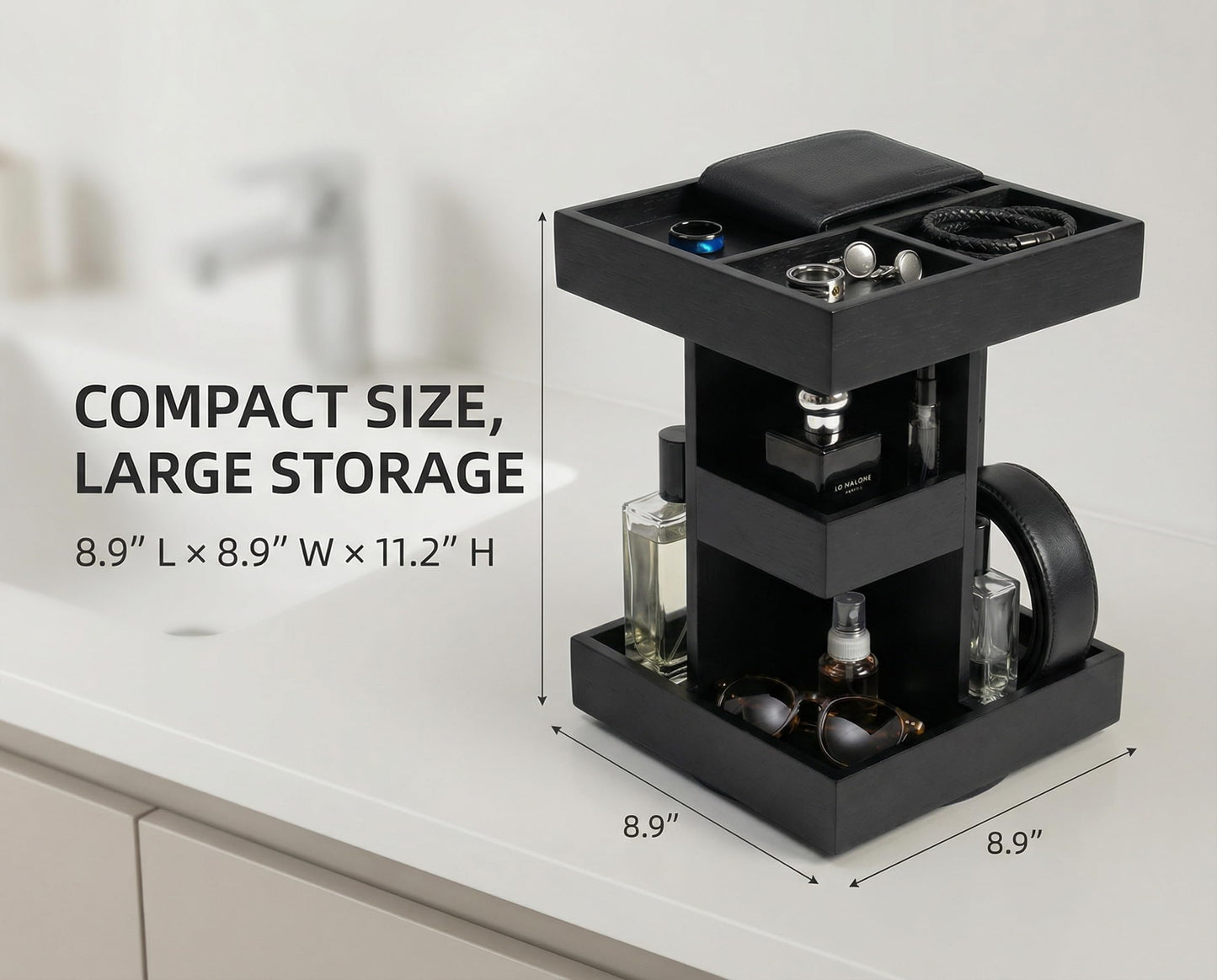Aurenzo Cologne Organizer for Men, 3 Tier Black Wood Perfume Display Stand with 360° Rotate Base, Mens Cologne and Jewelry Organizer Shelf for Bathroom Countertop Storage & Nightstand, Gift for Men