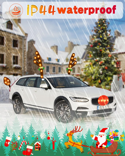 Christmas Reindeer Antlers Car Decoration Kit, Waterproof LED Lights Nose Vehicle with Jingle Bells Rudolph, Auto Holiday Accessories for SUV Van Truck Decor Warm White