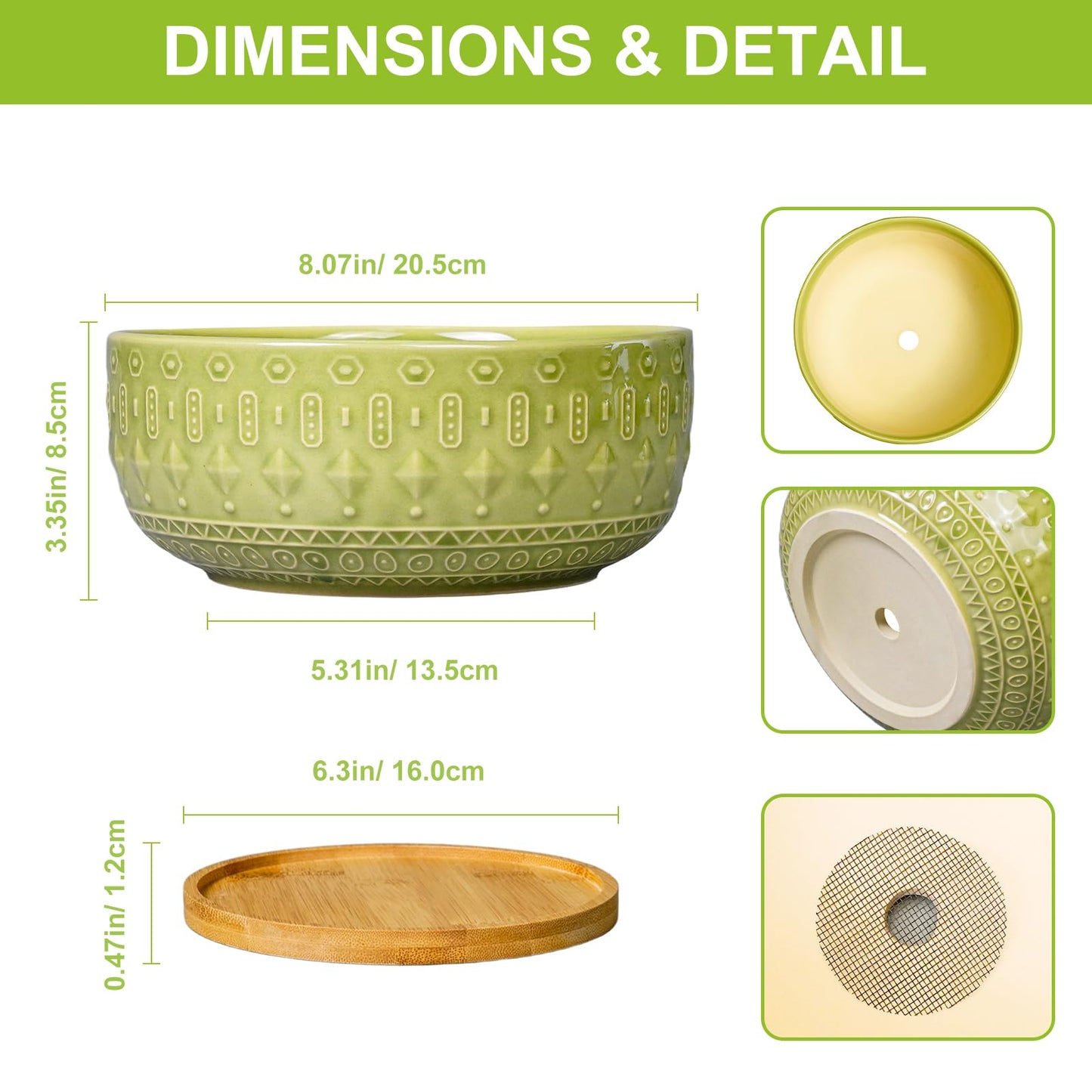 Fivepot Bonsai Tree Pot - 8 Inch Ceramic Succulent Pots with Drainage Hole and Saucer, Boho Round Shallow Planter Bowl for Indoor Plants Flower, Office Decor, Gifts for Women & Men, Green