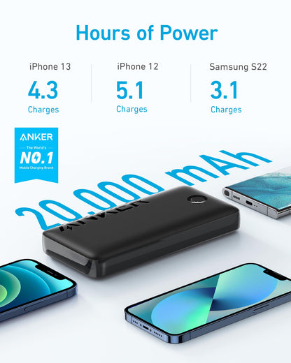 Anker Power Bank, 20,000mAh Portable Charger with 22.5W Max Fast Charging, 2 USB-A, 1 USB-C for iPhone 16/15/14/13/12 Series, Samsung, iPad Pro, AirPods, Apple Watch, and More