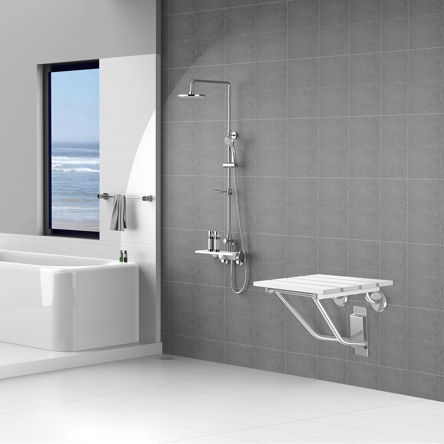 Folding Shower Seat & Chair Wall Mounted for Adults, Fold Down Shower Bench & Stool for Inside Shower, for Small Spaces, Foldable (White, Extra Large)