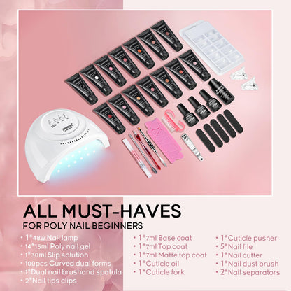 JEWHITENY Poly Extension Gel Nail Kit 14 PCS Poly Gel Kit with Slip Solution and Mini Lamp Nail Art Design Beginner